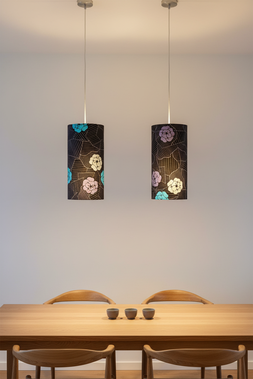 Tall narrow cylindrical pendant lamps in contemporary setting