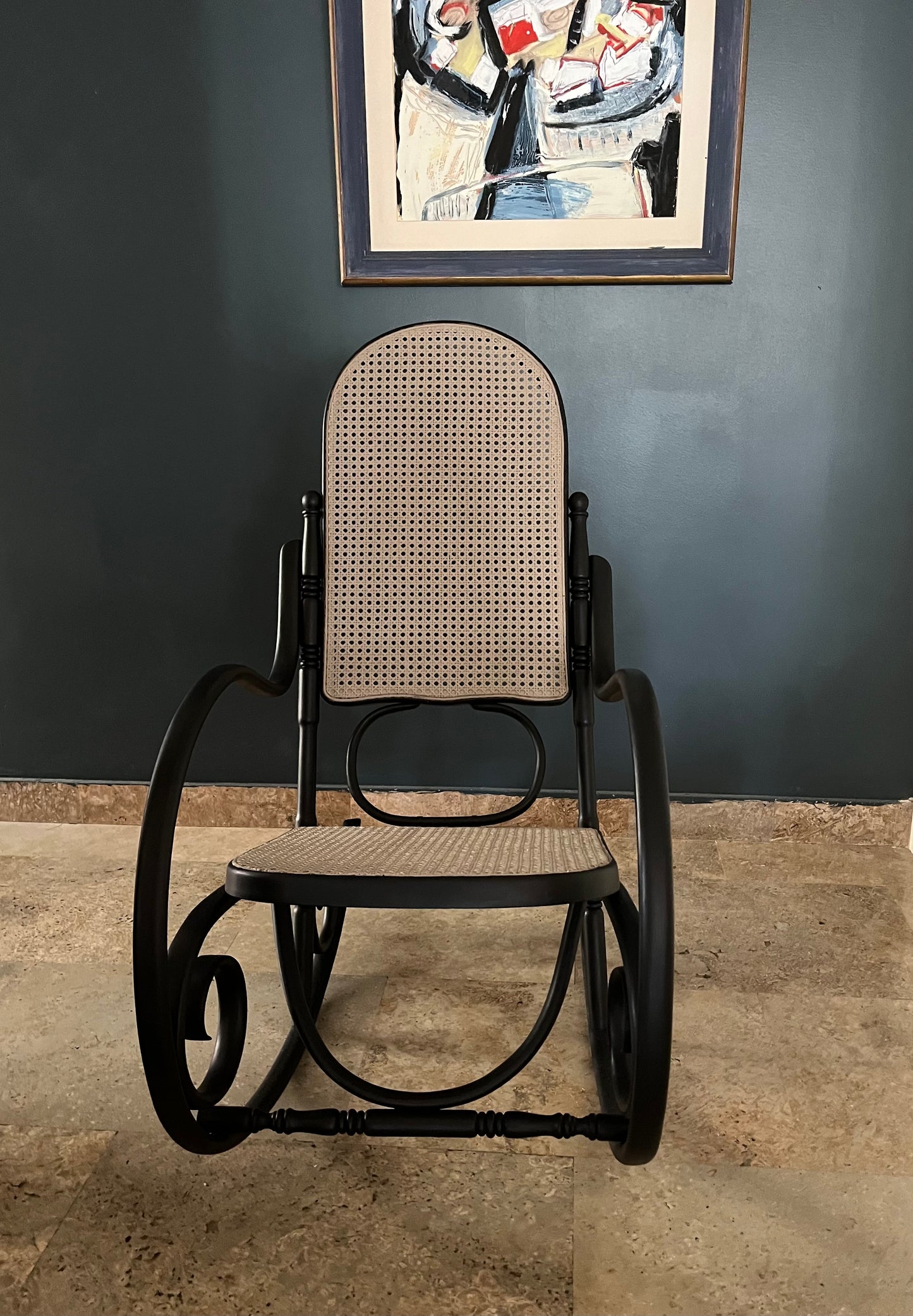 Restored Thonet-Style Rocking Chair - Black & Beige