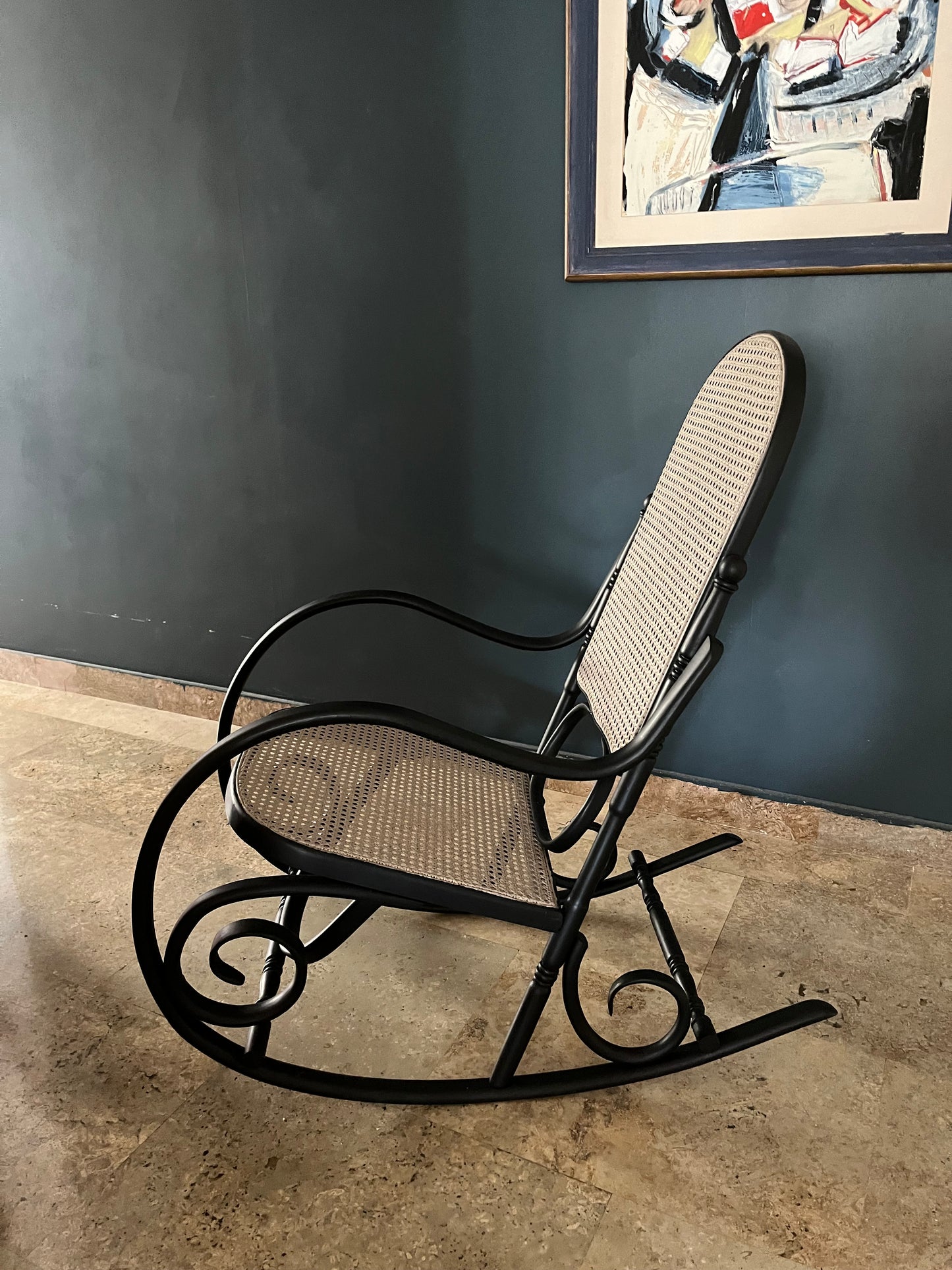 Restored Thonet-Style Rocking Chair - Black & Beige