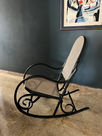 Restored Thonet-Style Rocking Chair - Black & Beige