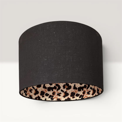 Black Linen Lampshade with Leopard Print Interior – Handmade