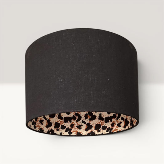 Black Linen Lampshade with Leopard Print Interior – Handmade