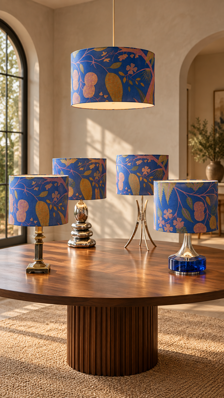 A set of blue patterned table lamps with floral and abstract botanical prints in bronze, gold, and orange, displayed on a round wooden coffee table in a warm, sunlit room.