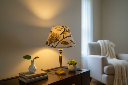 Antique brass lamp on console table