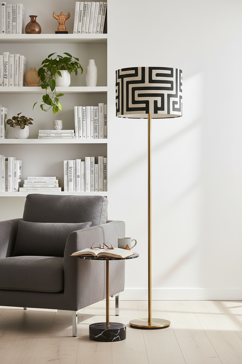 Greek key lampshade on floor lamp
