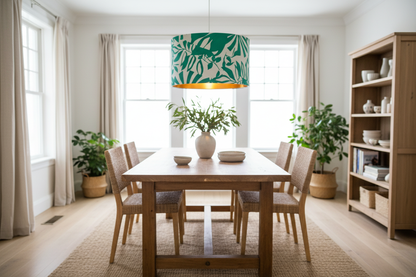 Green and white botanical lampshade as ceiling pendant