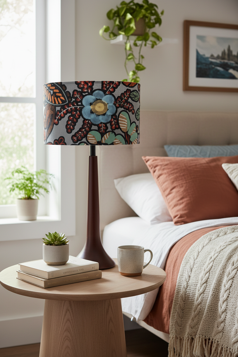 Lampshade on tall lamp base