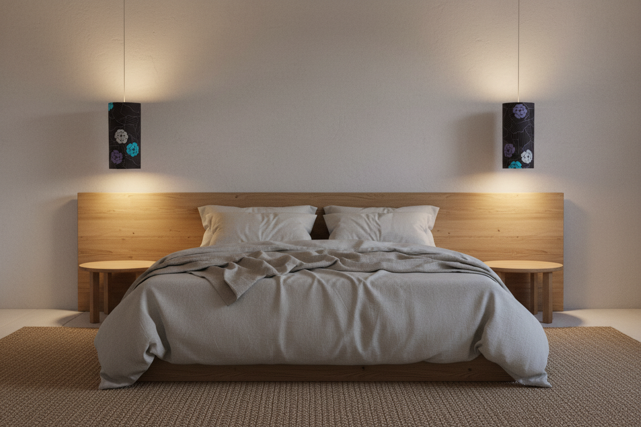 Pendant lamps as bedside lights on each side of a bed